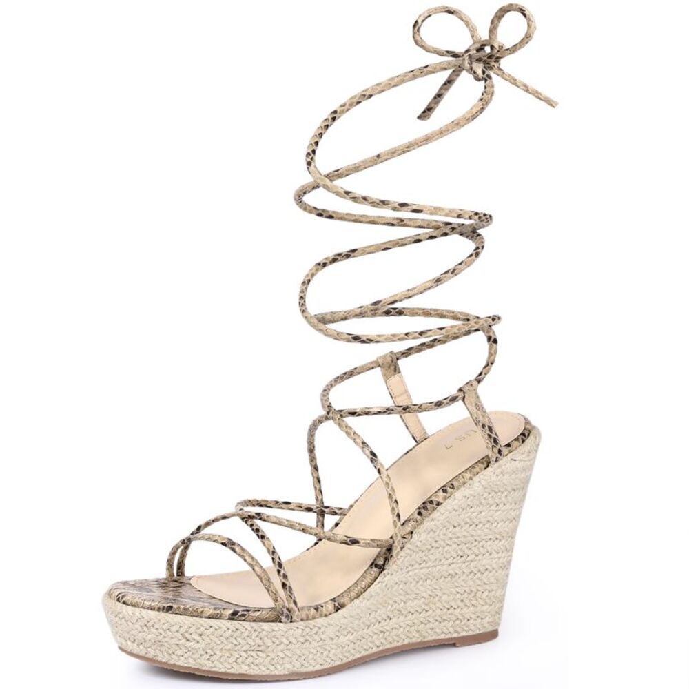 Strappy Espadrilles Wedges Platform Lace Up Snake Print Sandals Khaki Snake